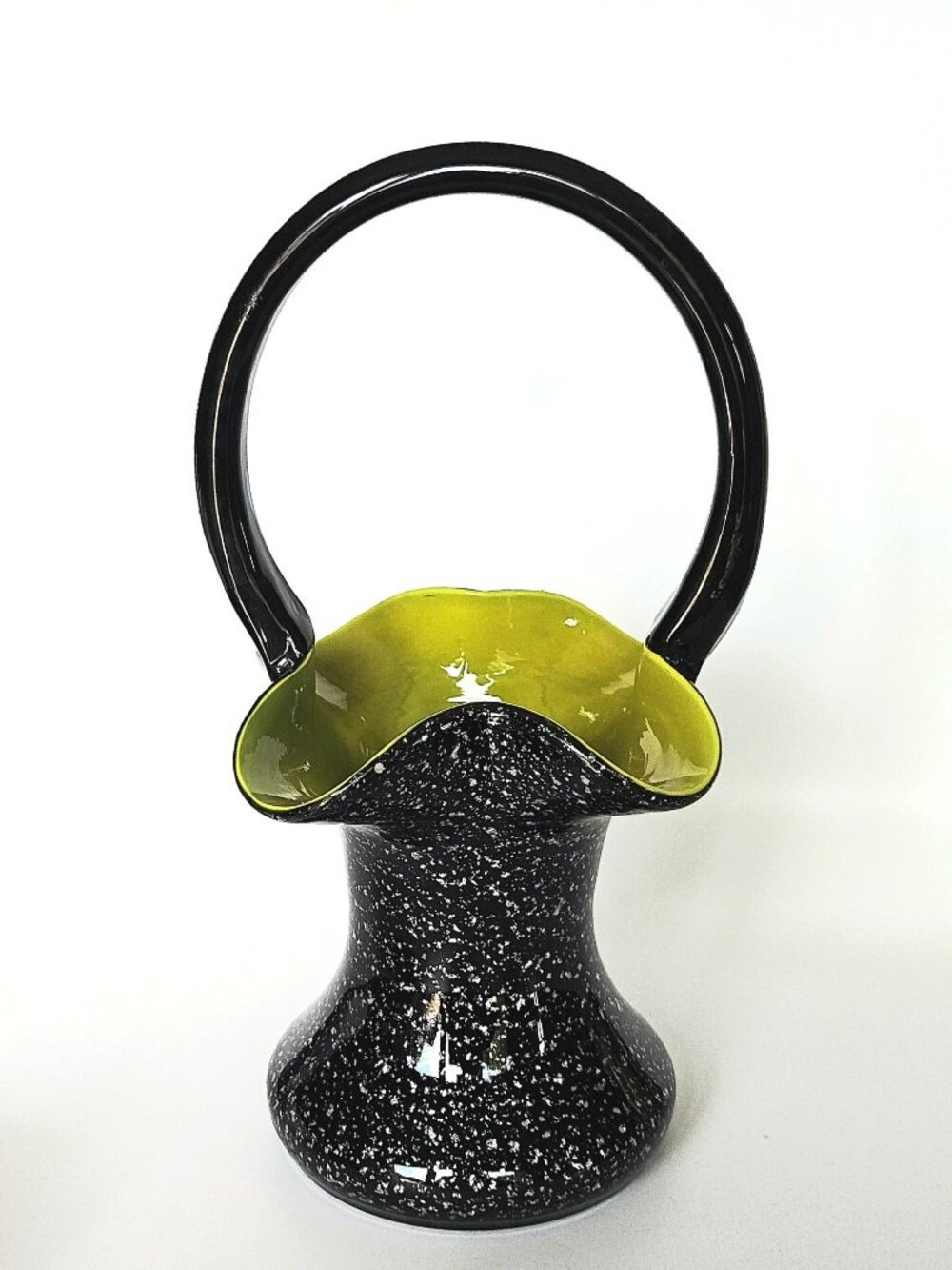 Czech Glass Welz Black & Green Silver Speckled Basket Vase - 8 Inches Tall